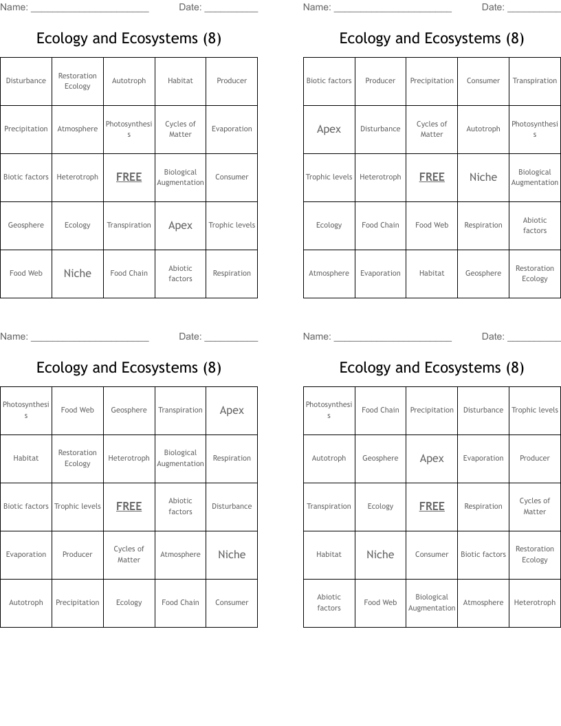 Ecology and Ecosystems (8) Bingo Cards