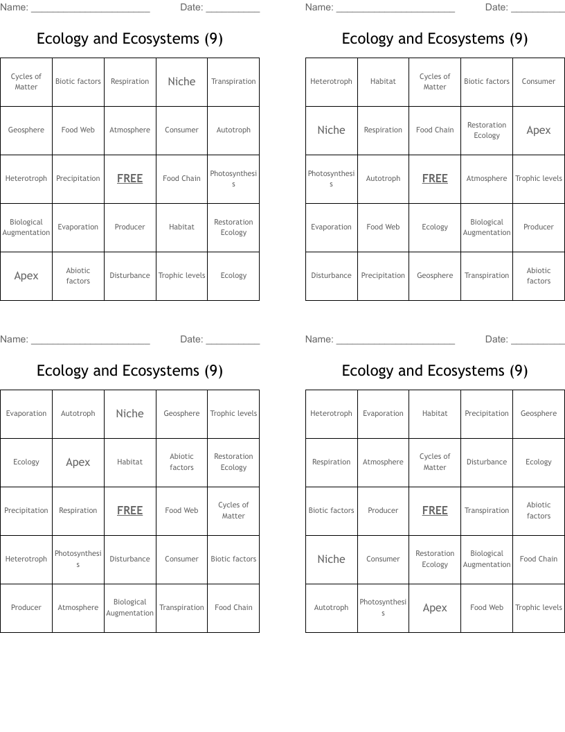 Ecology and Ecosystems (9) Bingo Cards