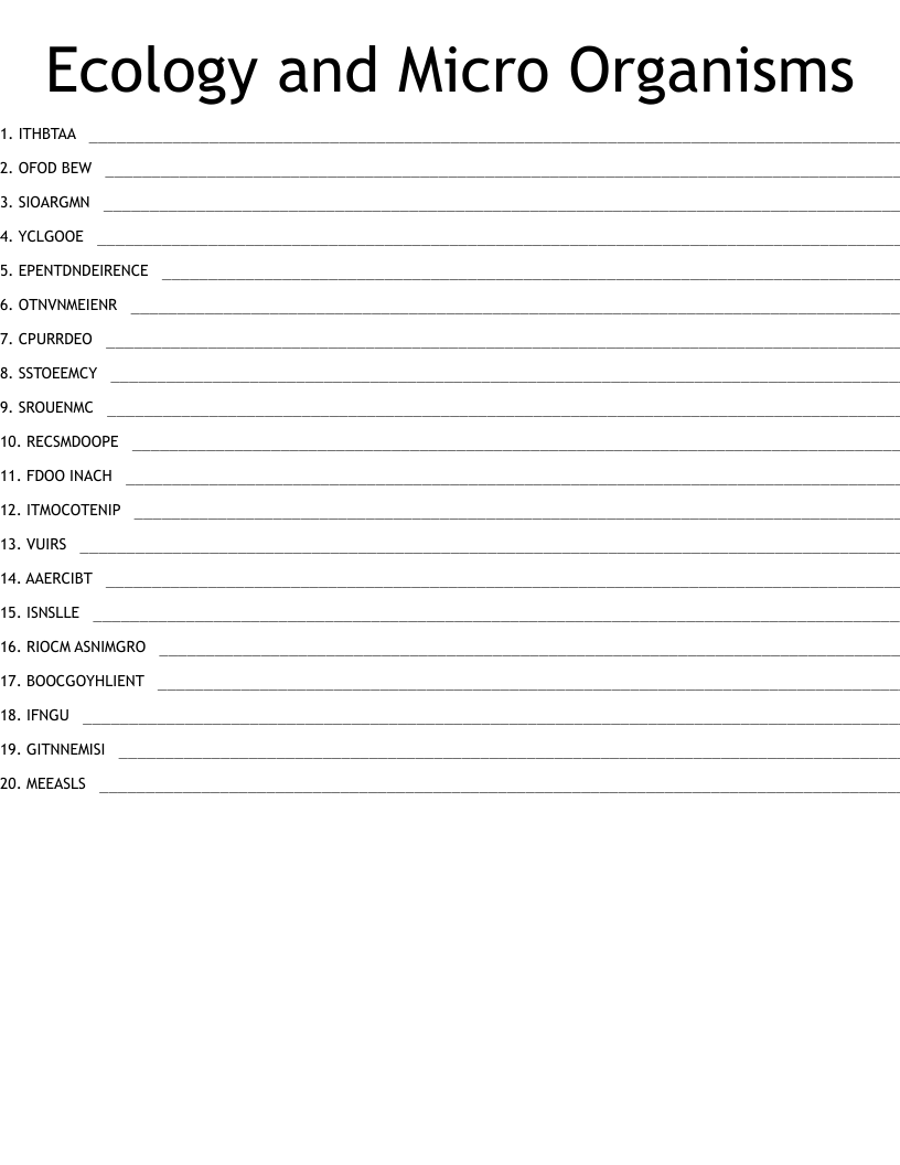 Ecology and Micro Organisms Word Scramble