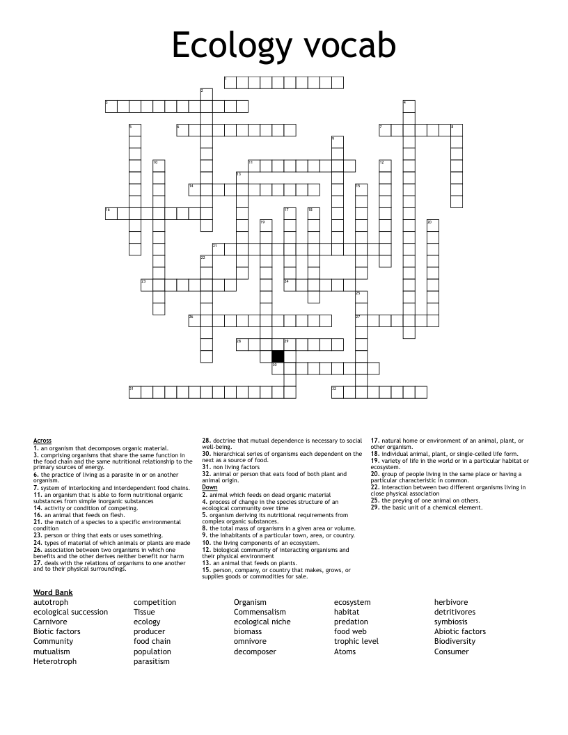 Ecology vocab  Crossword