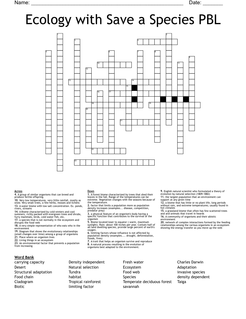 Ecology with Save a Species PBL Crossword
