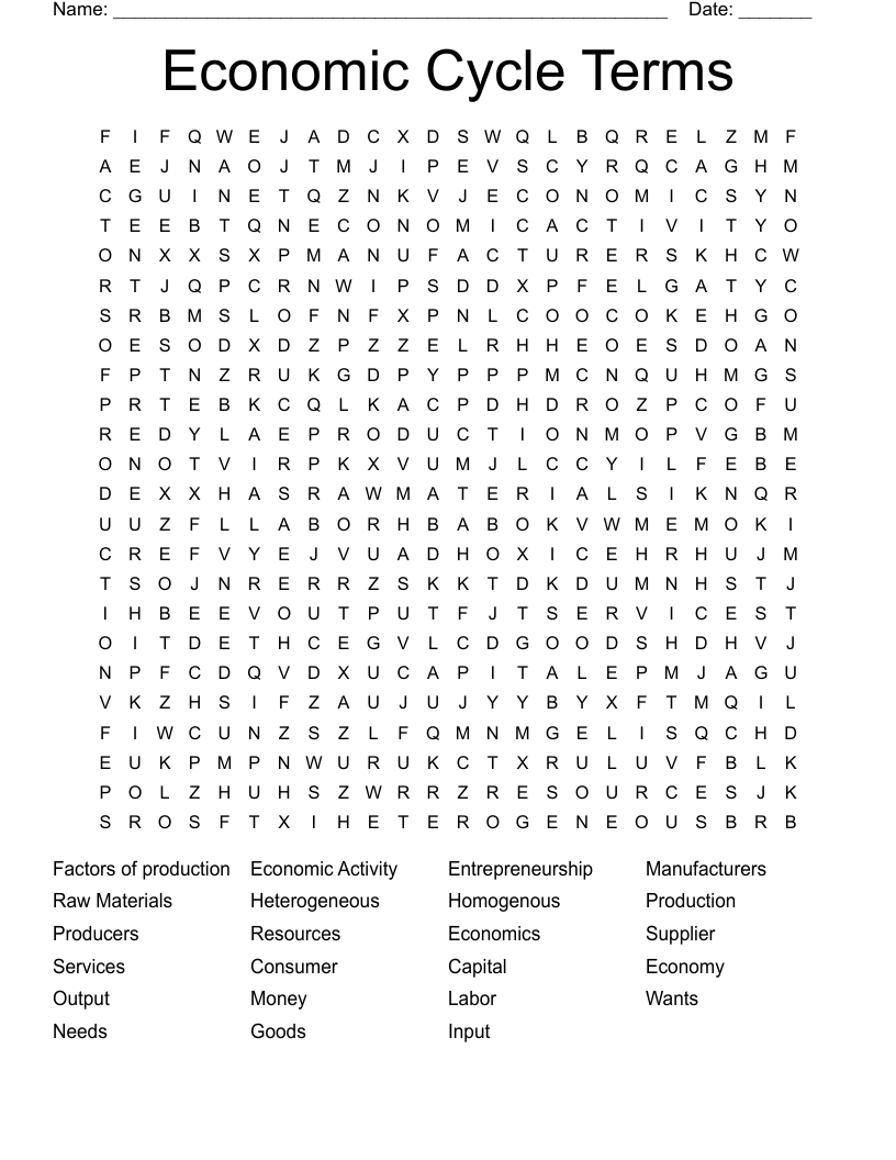 Economic Cycle Terms Word Search