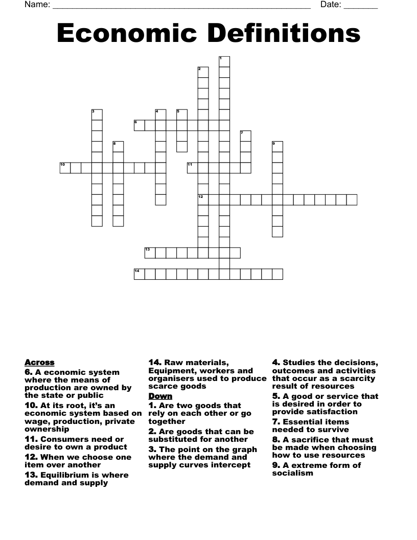 Economic Definitions  Crossword
