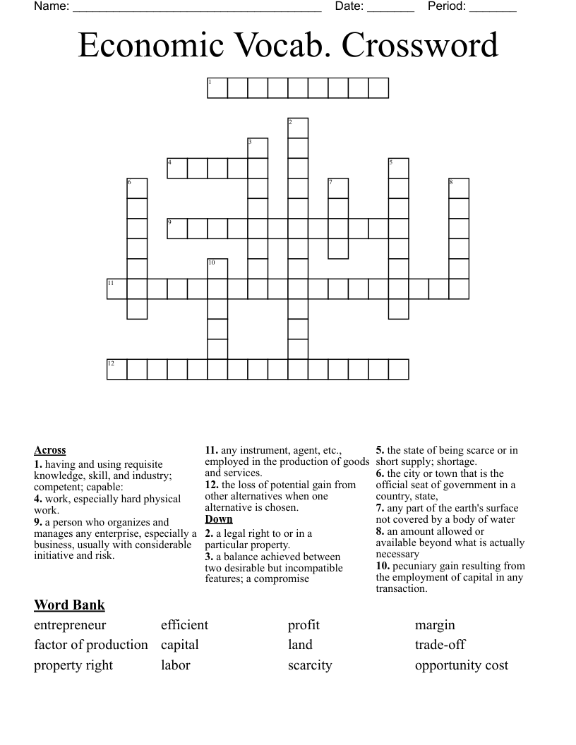 Economic Vocab. Crossword 