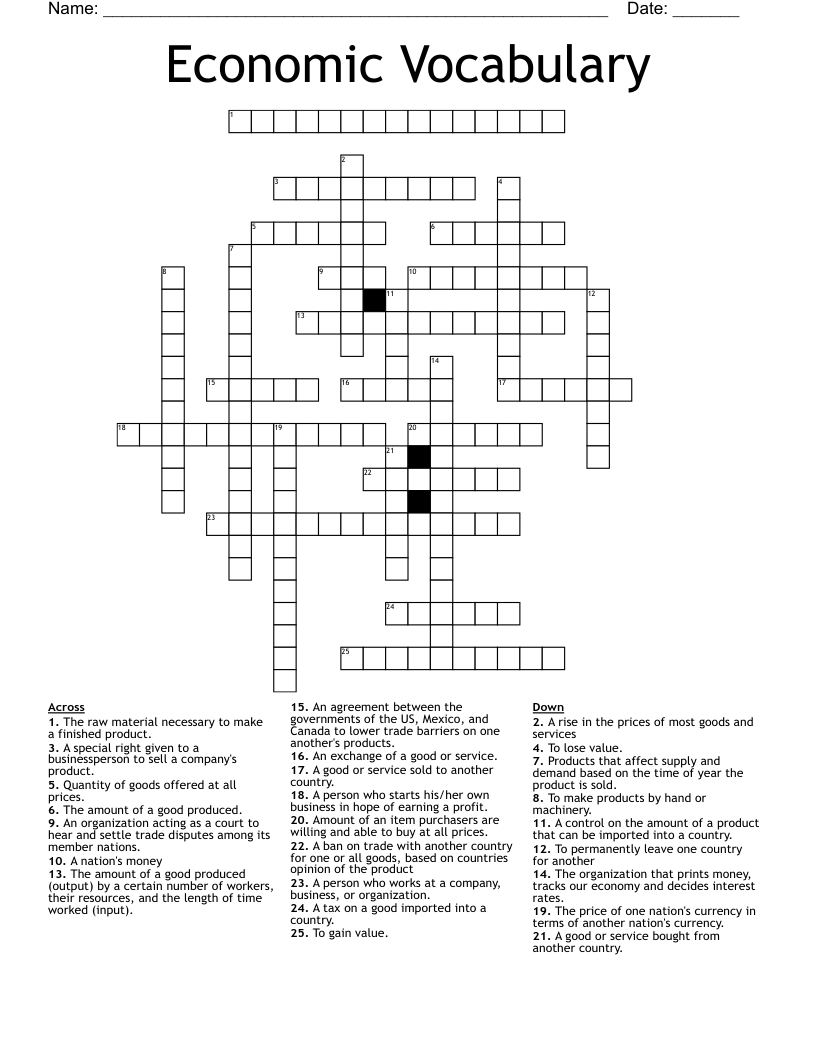 Economic Vocabulary Crossword