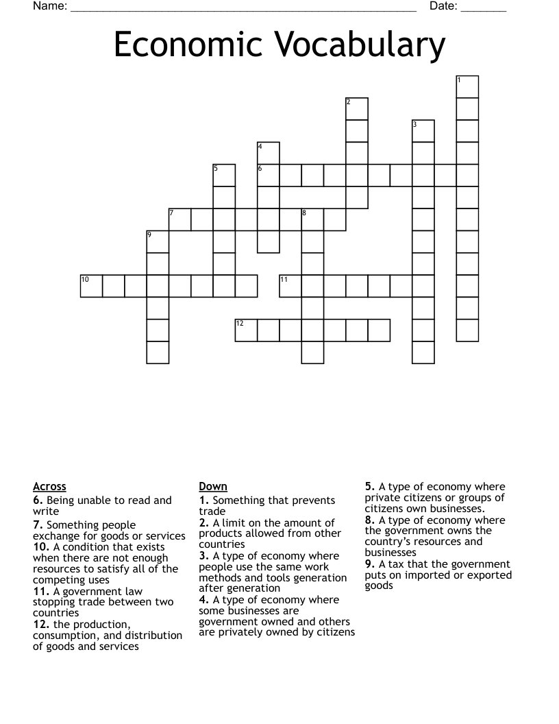 Economic Vocabulary Crossword