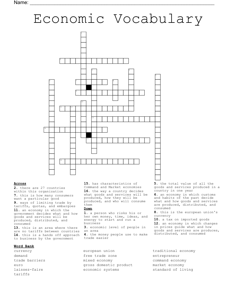 Economic Vocabulary Crossword