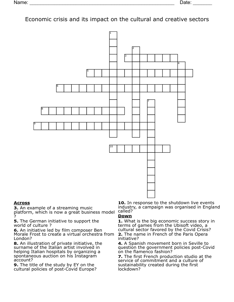 Economic crisis and its impact on the cultural and creative sectors  Crossword