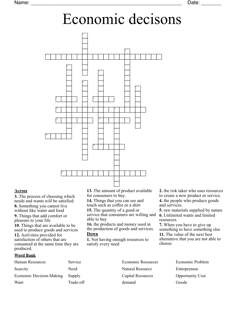 Economic decisons  Crossword