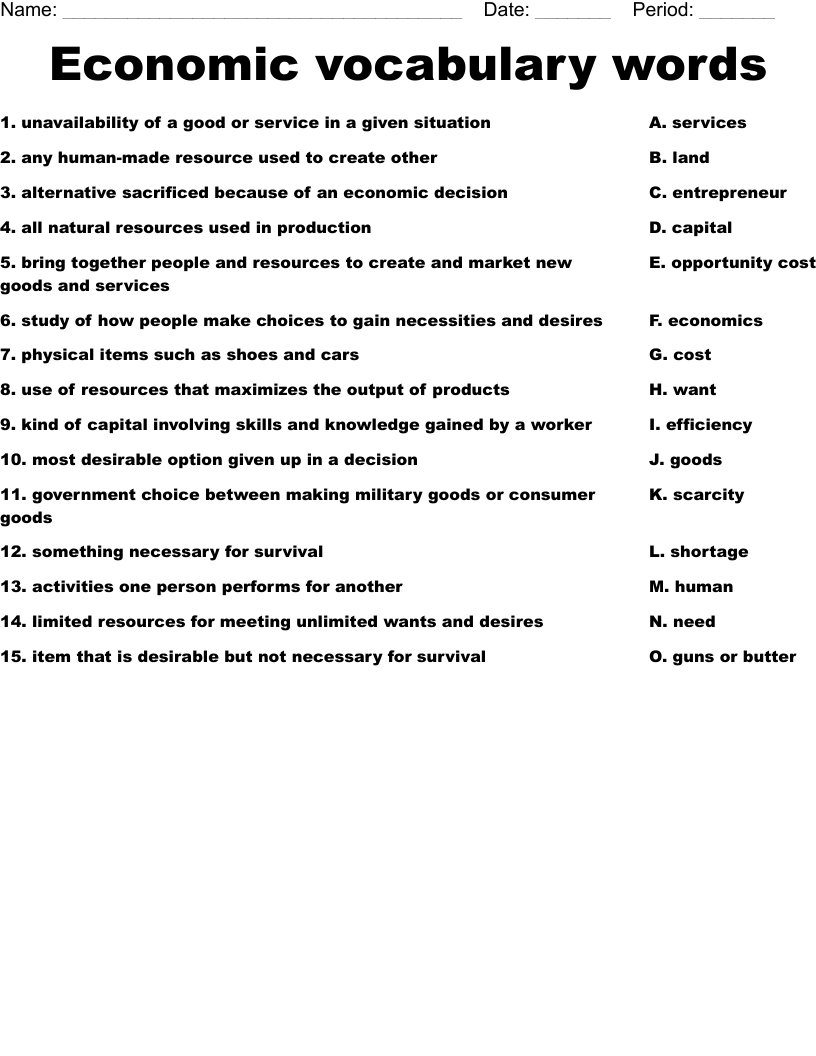 Economic vocabulary words  Worksheet