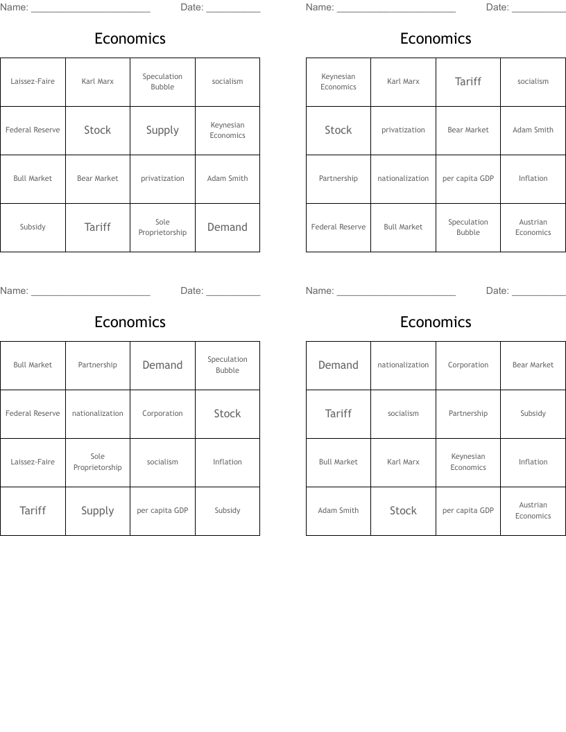 Economics Bingo Cards