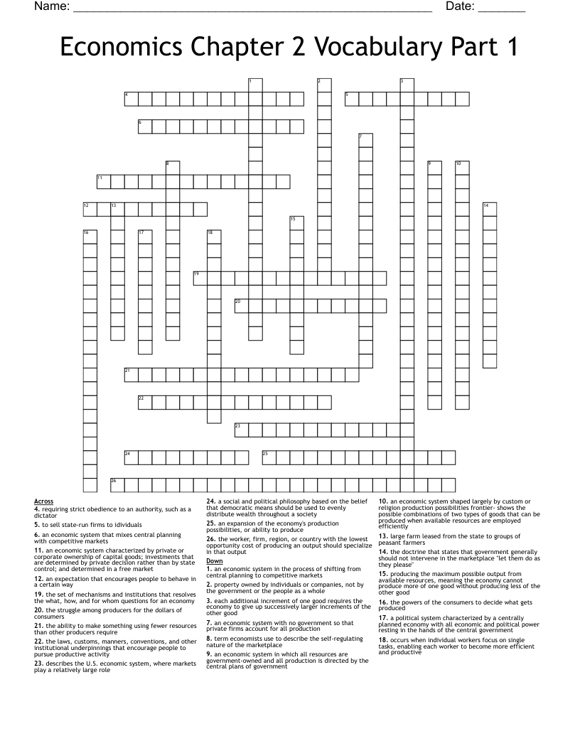 Economics Chapter 2 Vocabulary Part 1 Crossword