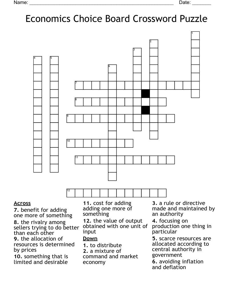 Economics Choice Board Crossword Puzzle 