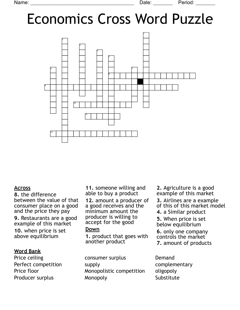 Economics Cross Word Puzzle 