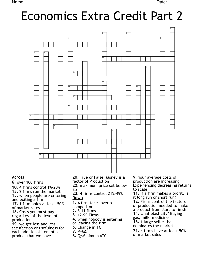 Economics Extra Credit Part 2 Crossword