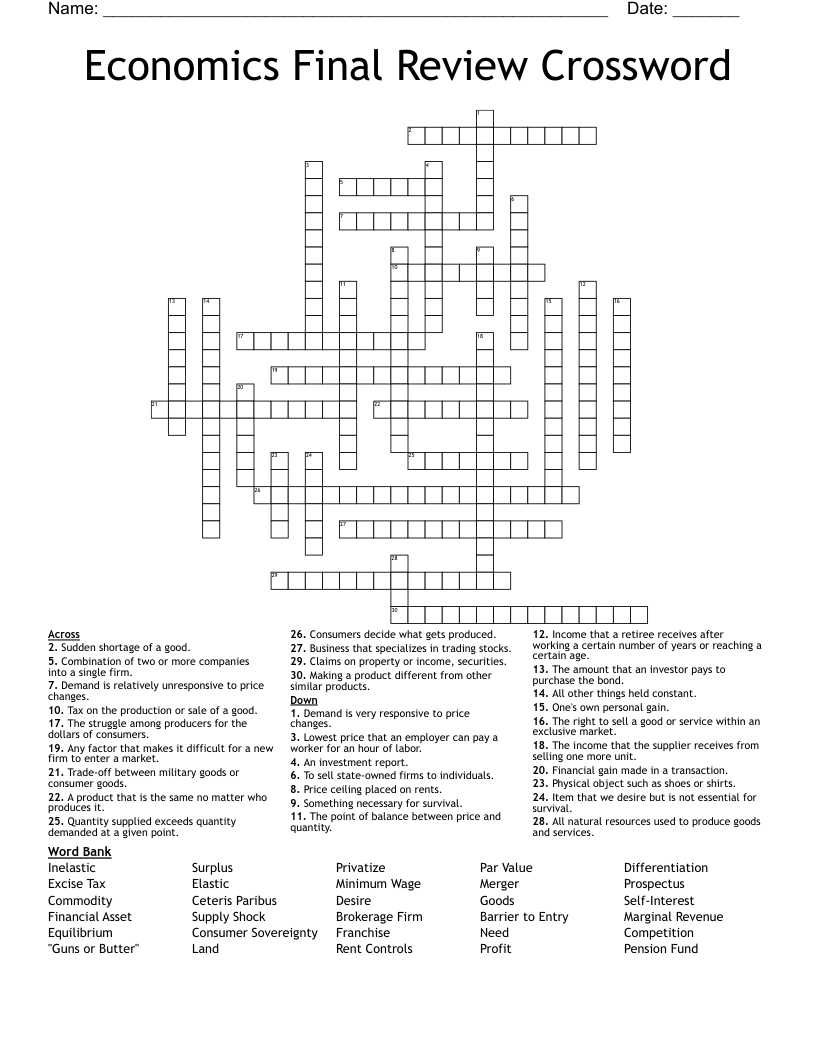 Economics Final Review Crossword