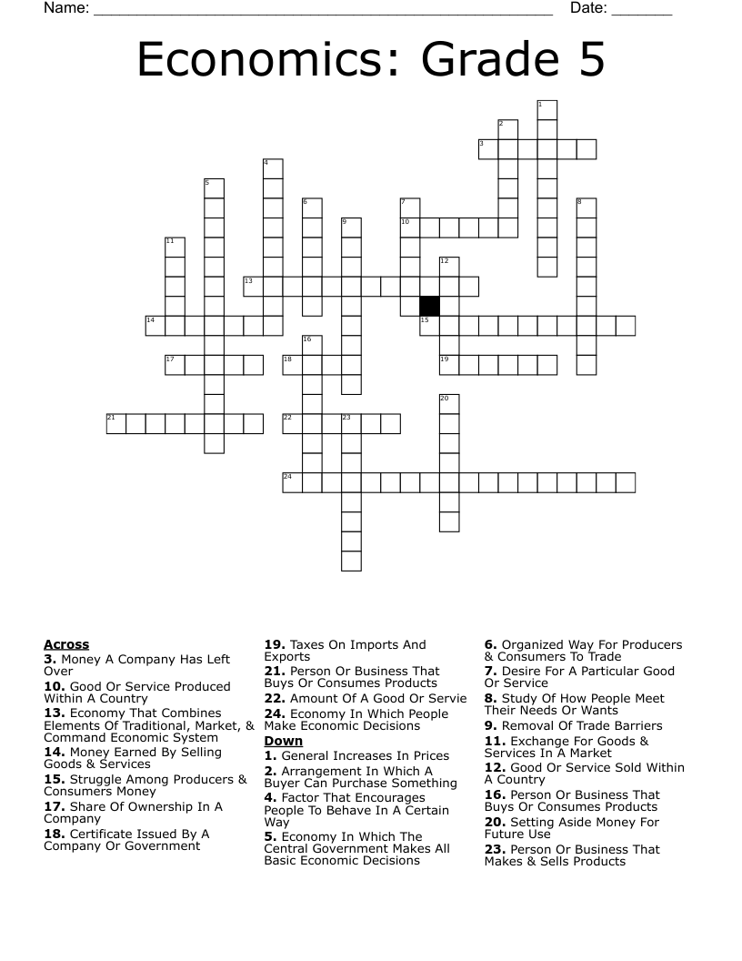 Economics: Grade 5 Crossword