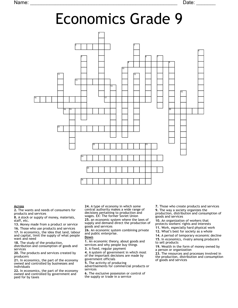 Economics Grade 9 Crossword