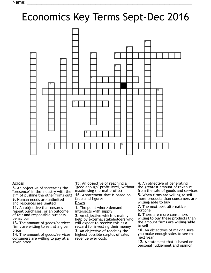 Economics Key Terms Sept-Dec 2016 Crossword