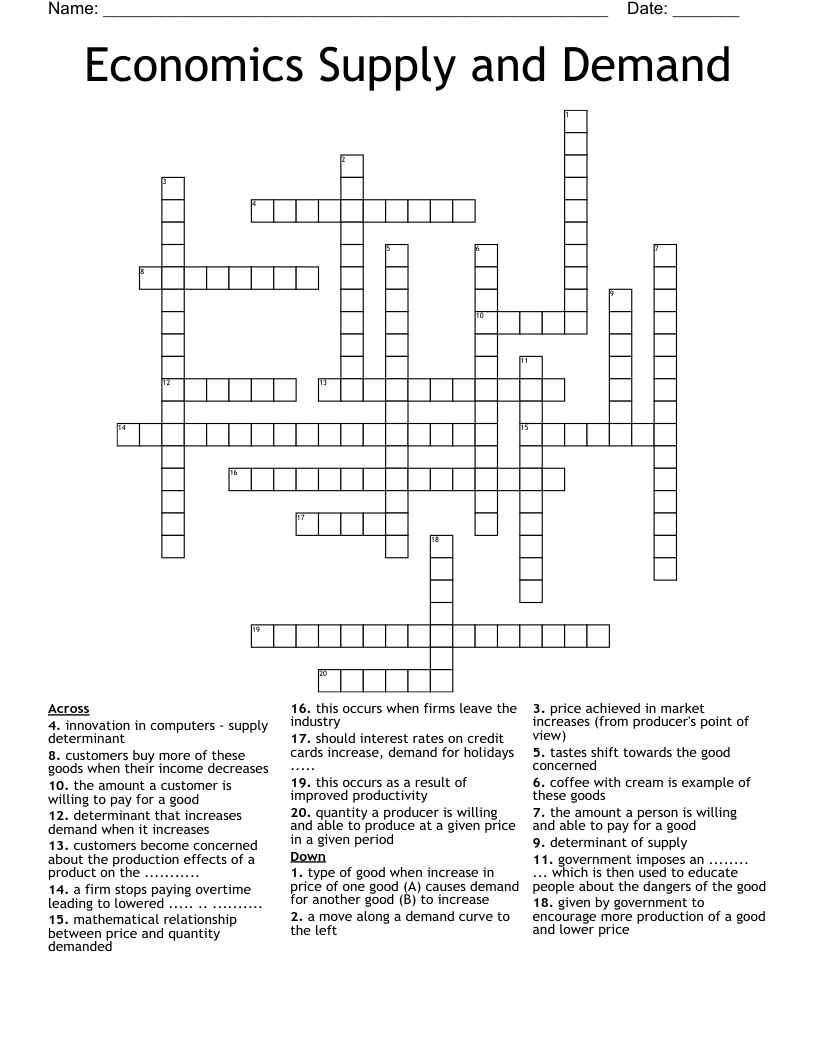 Economics Supply and Demand Crossword