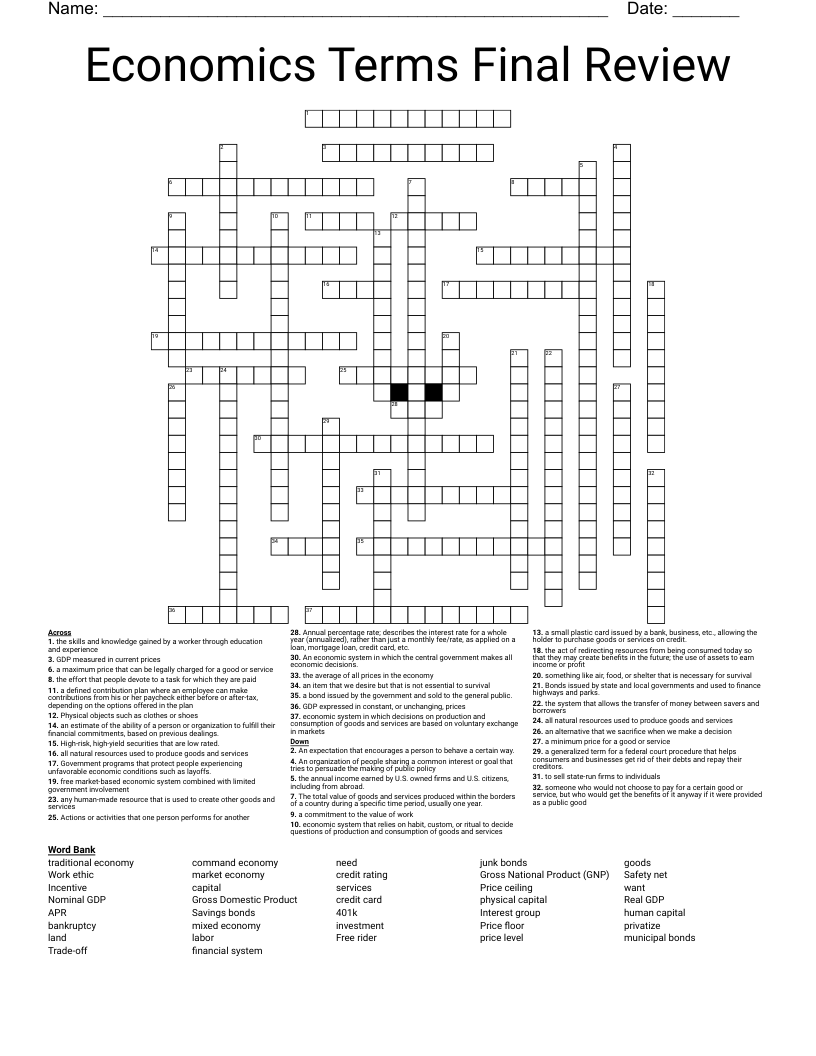 Economics Terms Final Review Crossword