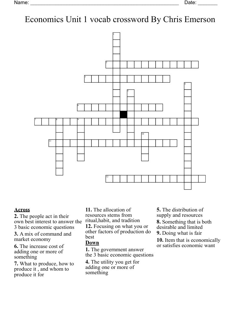 Economics Unit 1 vocab crossword By Chris Emerson