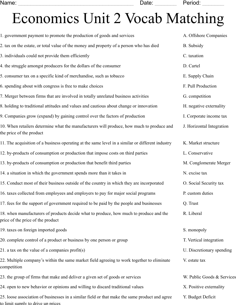 Economics Unit 2 Vocab Matching Worksheet
