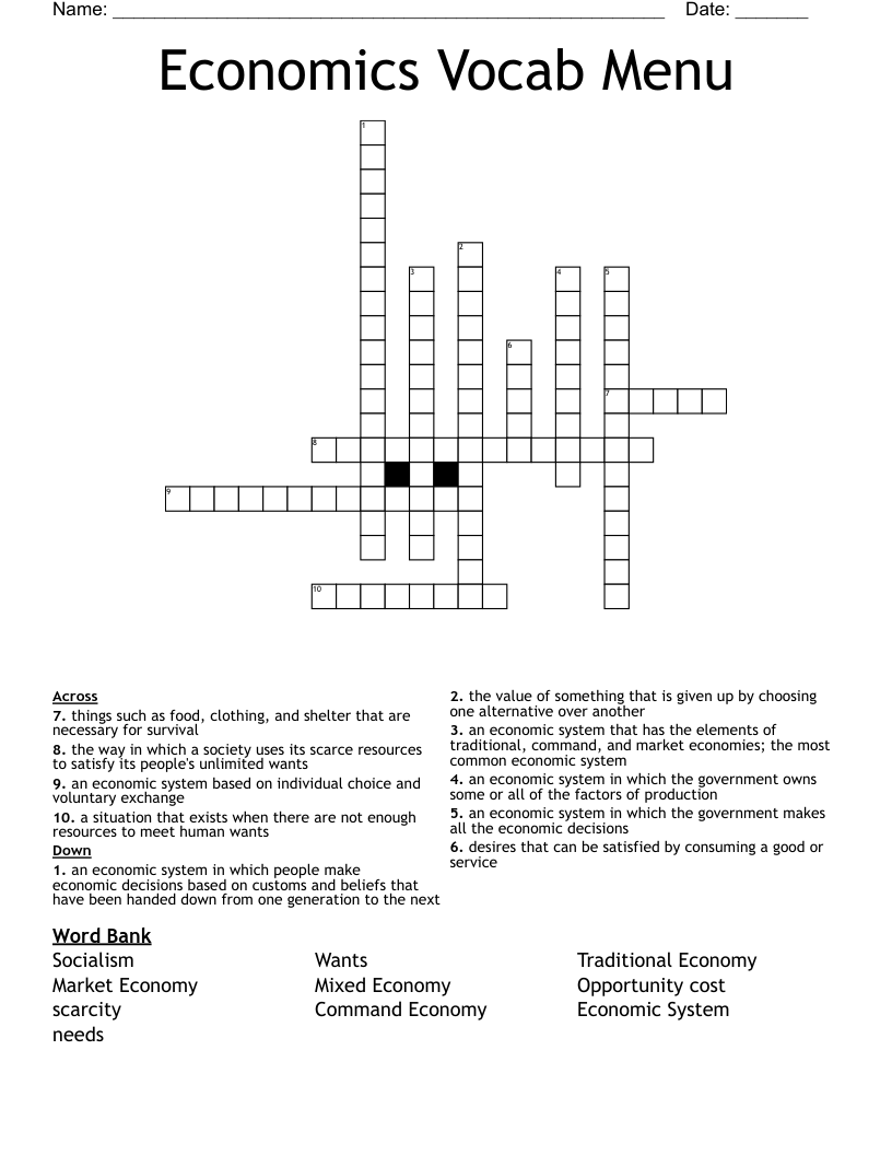 Economics Vocab Menu Crossword