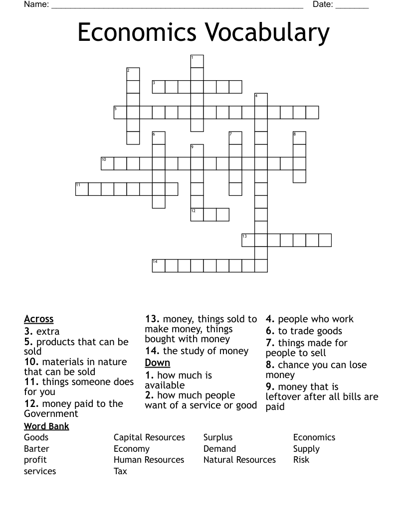 Economics Vocabulary Crossword