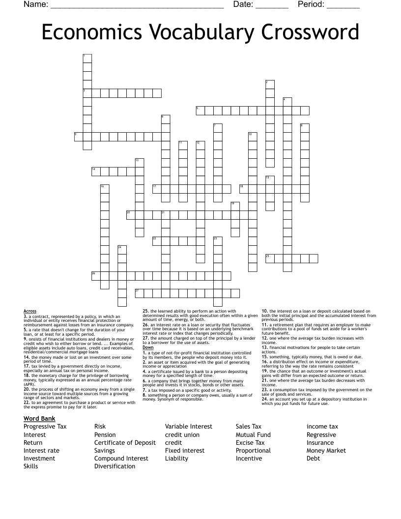Economics Vocabulary Crossword
