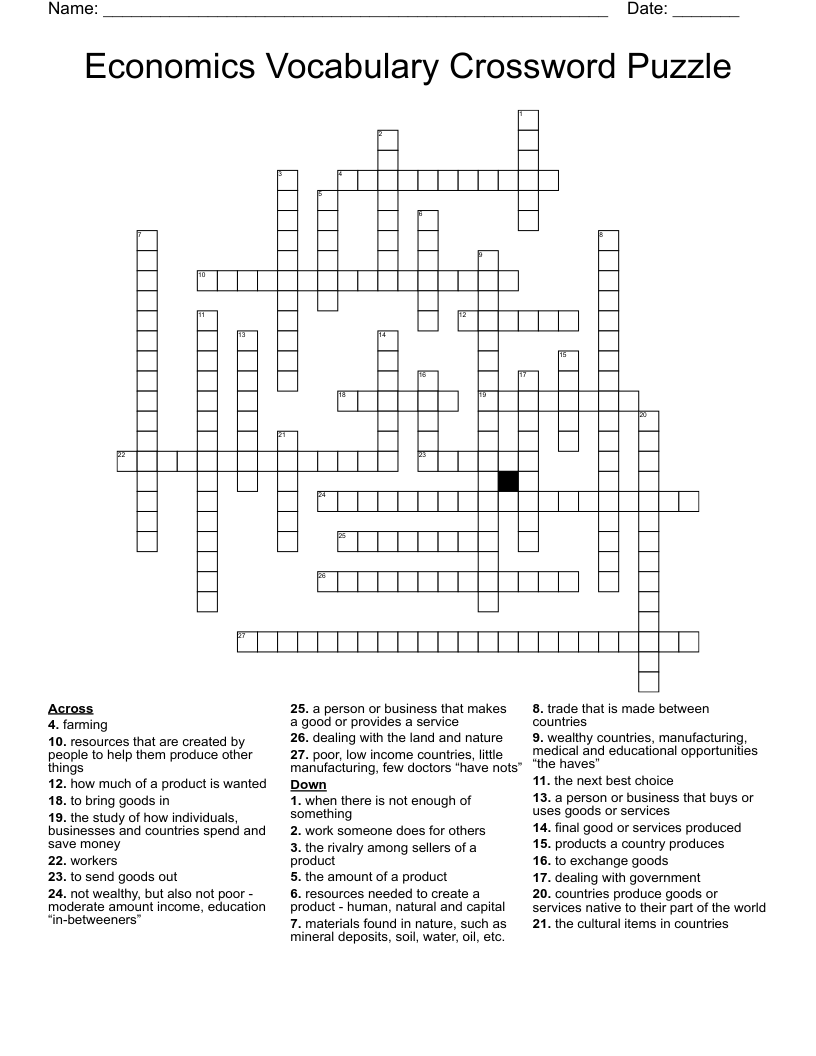 Economics Vocabulary Crossword Puzzle