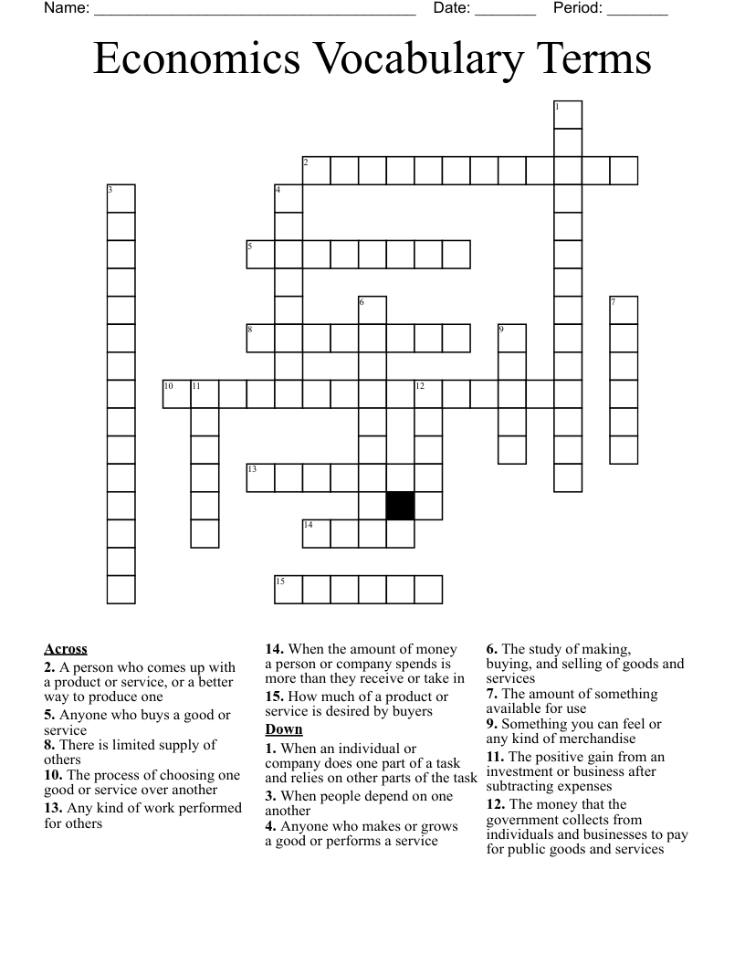 Economics Vocabulary Terms Crossword