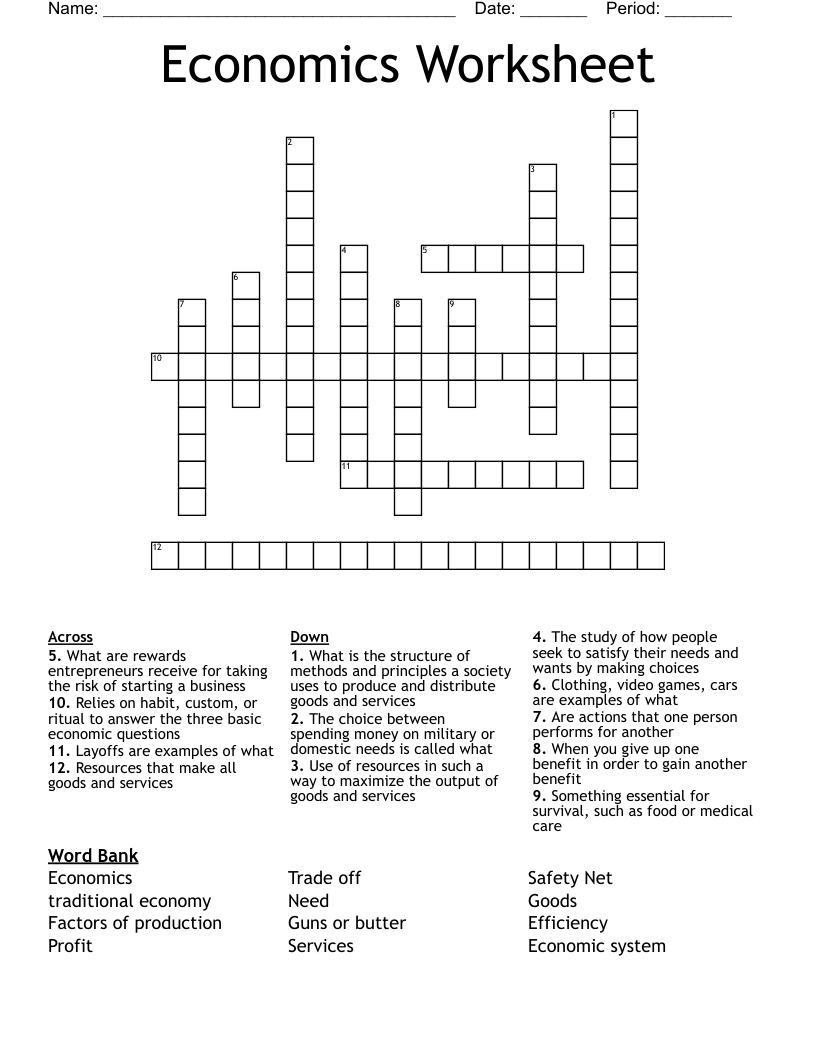 Economics Worksheet Crossword