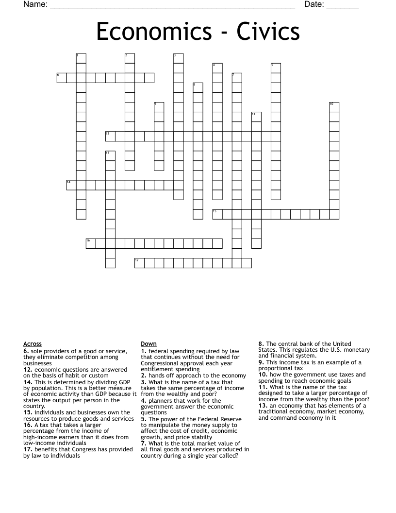 Economics - Civics Crossword