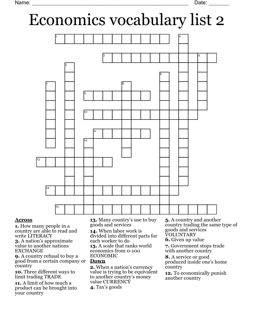Economics vocabulary list 2 Crossword
