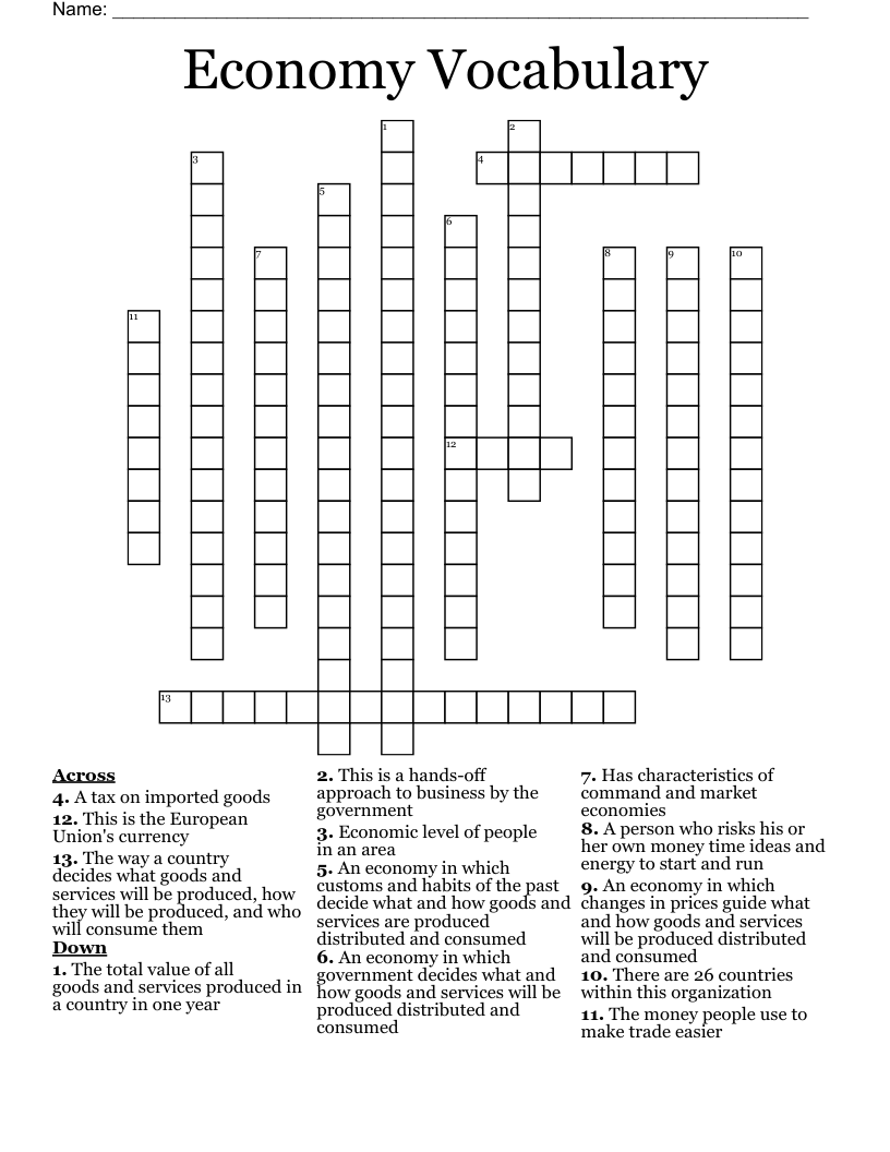 Economy Vocabulary Crossword