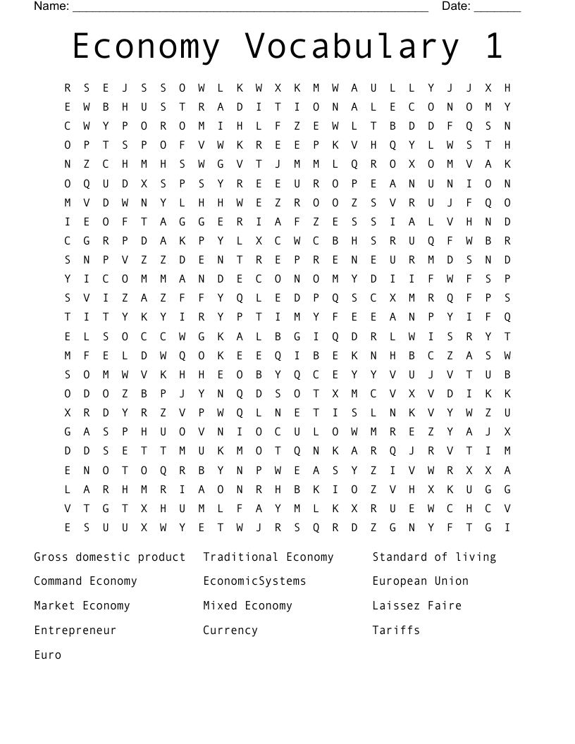 Economy Vocabulary 1 Word Search