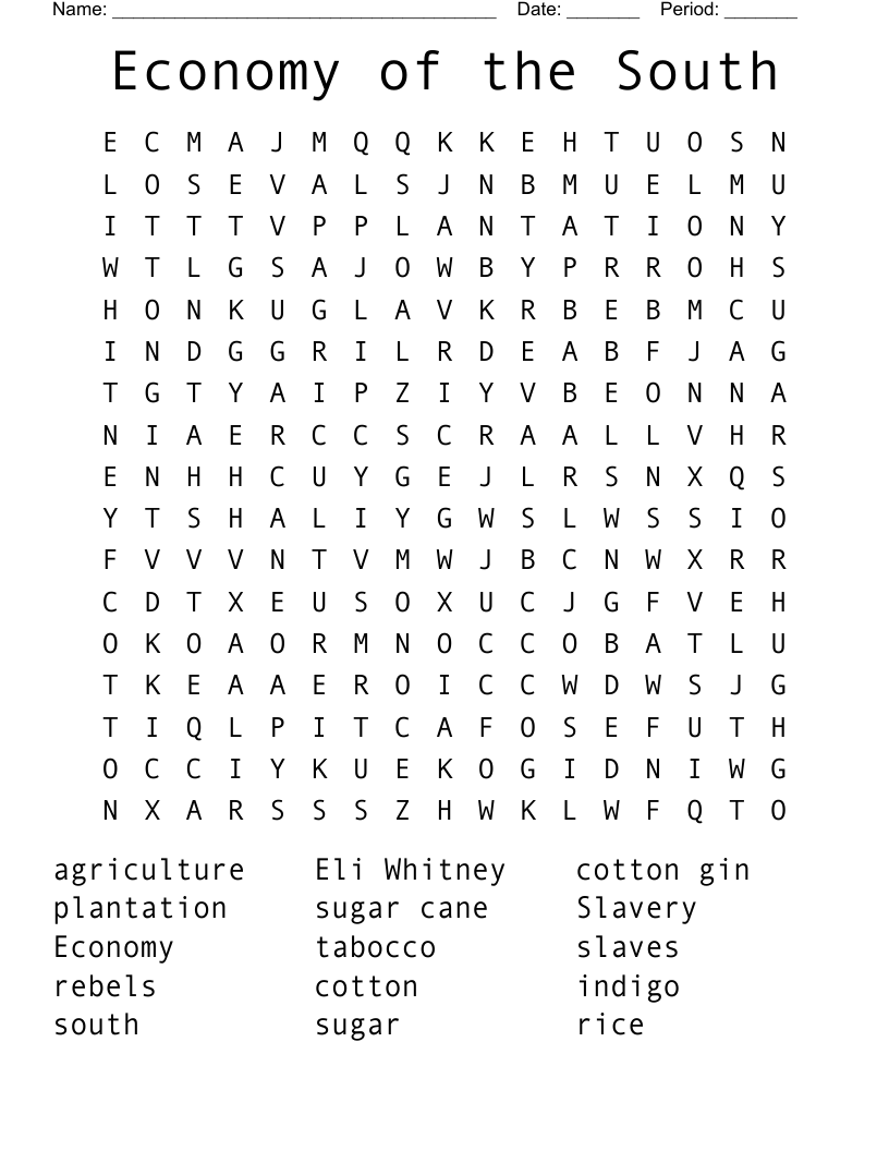 Economy of the South Word Search