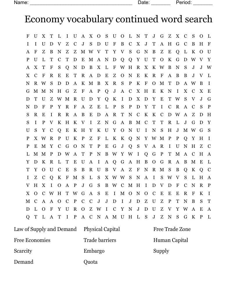 Economy vocabulary continued word search