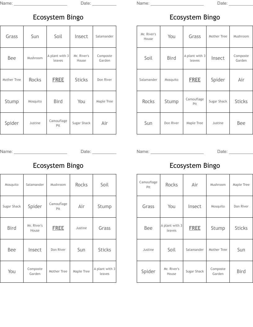 Ecosystem Bingo