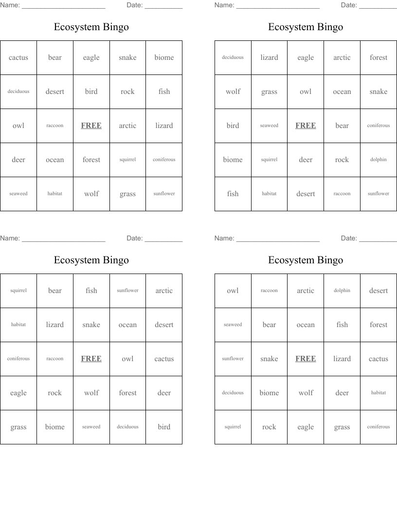 Ecosystem Bingo