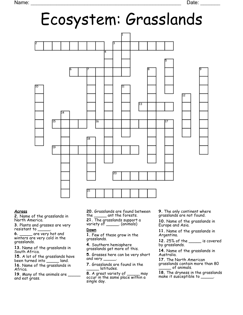 Ecosystem: Grasslands Crossword