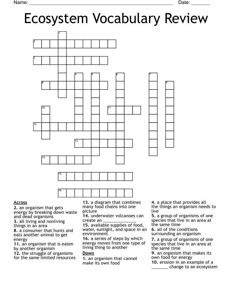 Ecosystem Vocabulary Review Crossword