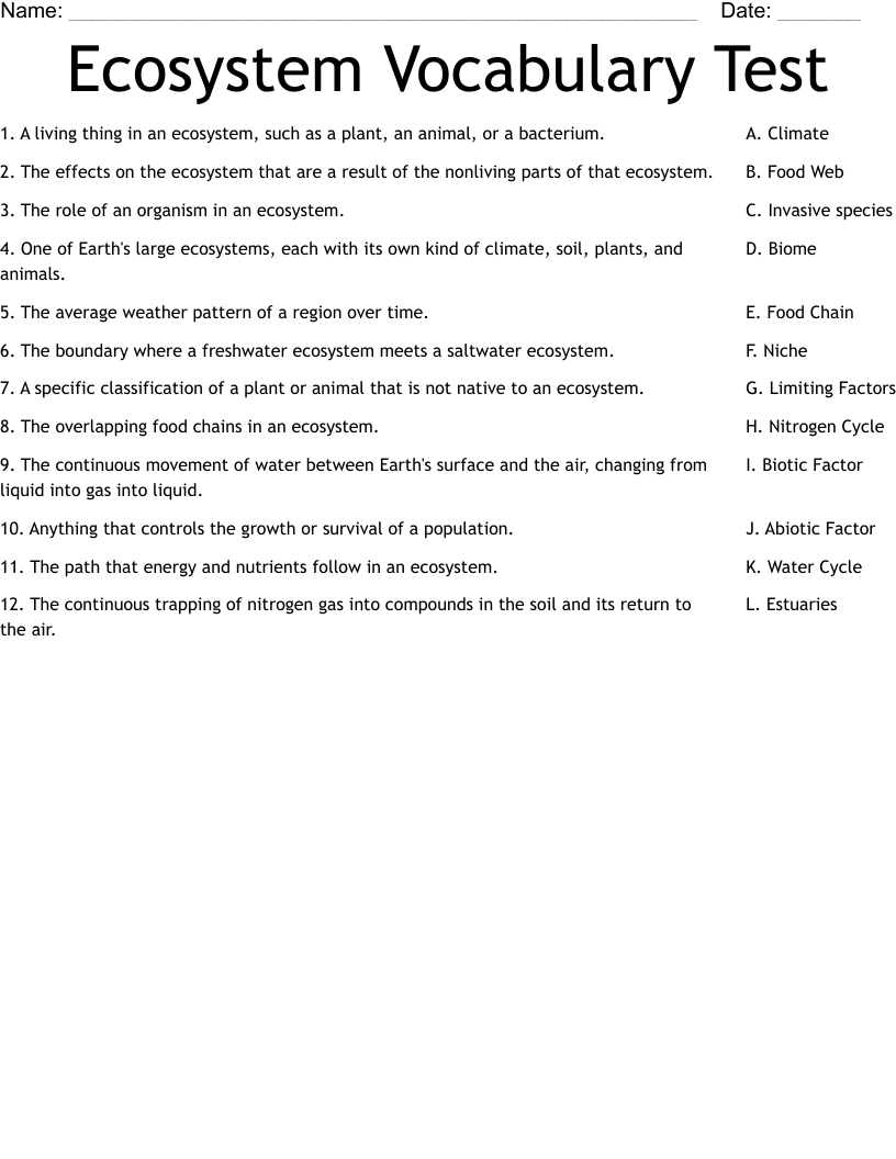 Ecosystem Vocabulary Test Worksheet