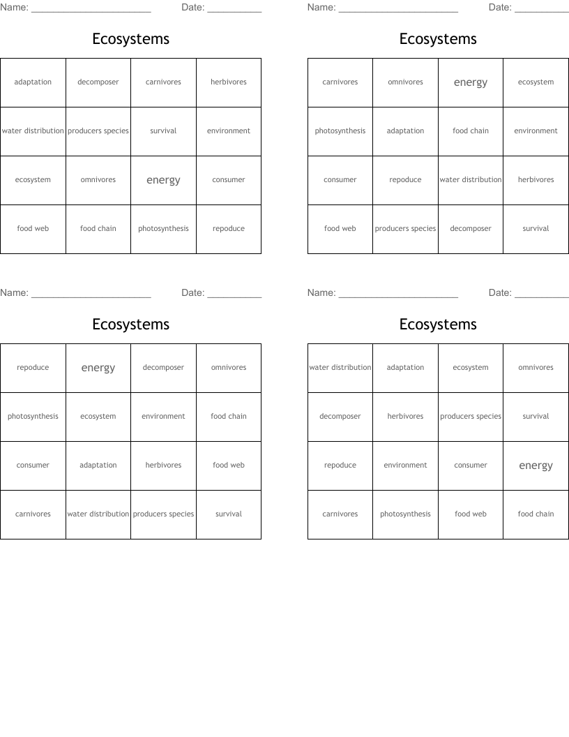 Ecosystems Bingo Cards