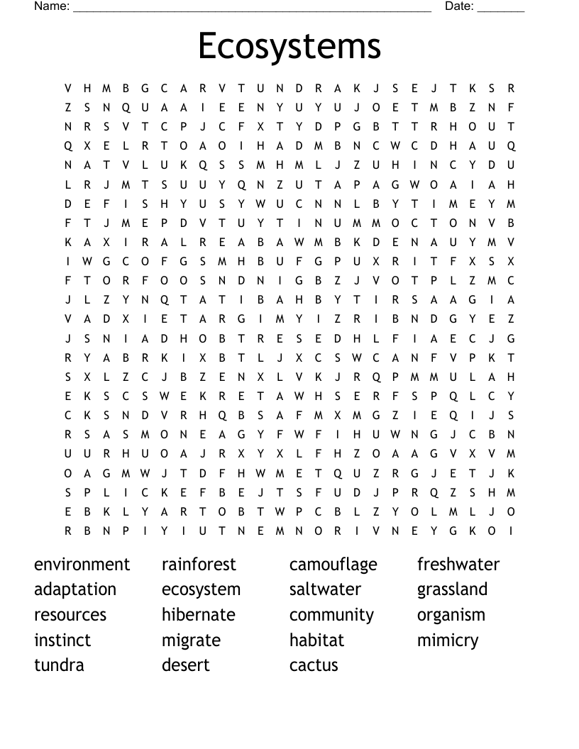 Ecosystems Word Search