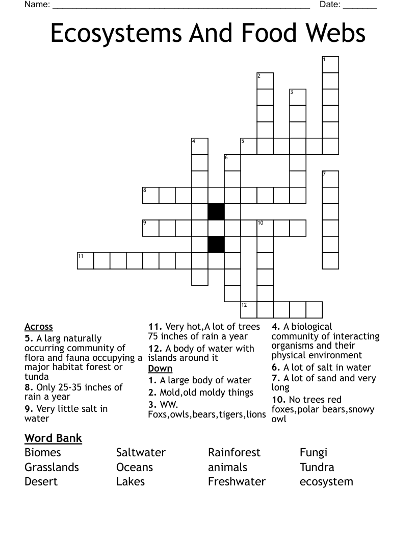 Ecosystems And Food Webs Crossword