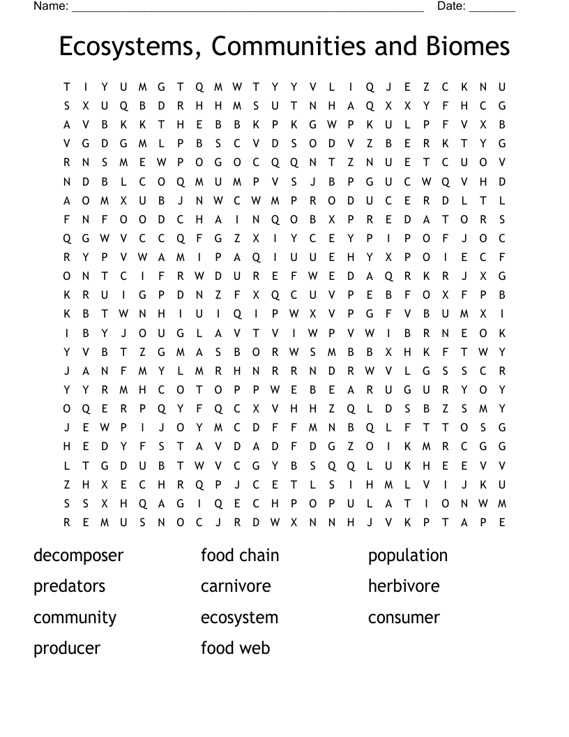 Ecosystems, Communities and Biomes Word Search