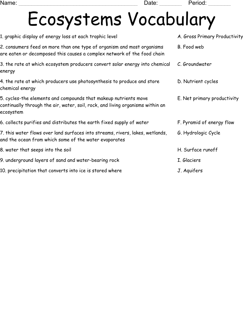 Ecosystems Vocabulary Worksheet