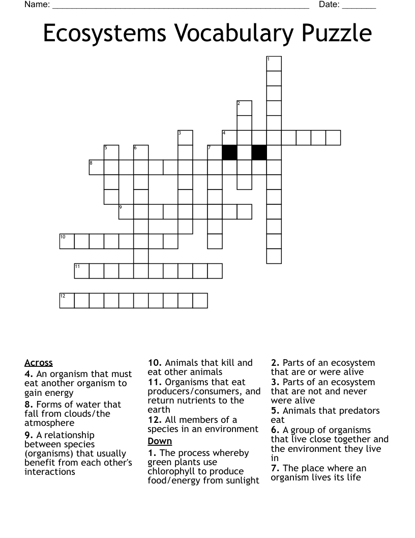 Ecosystems Vocabulary Puzzle Crossword